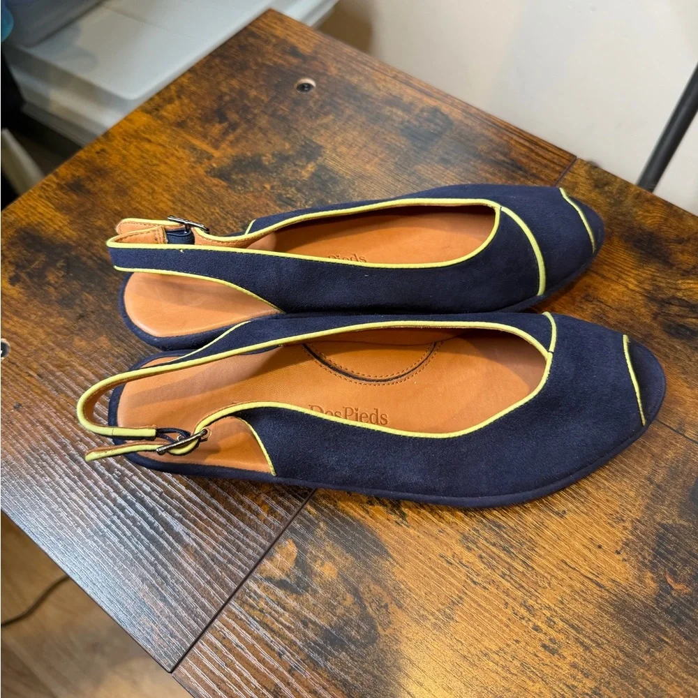 L'Amour des Pieds Bryer Leather Navy Yellow Sling Back Shoe Size 7.5
